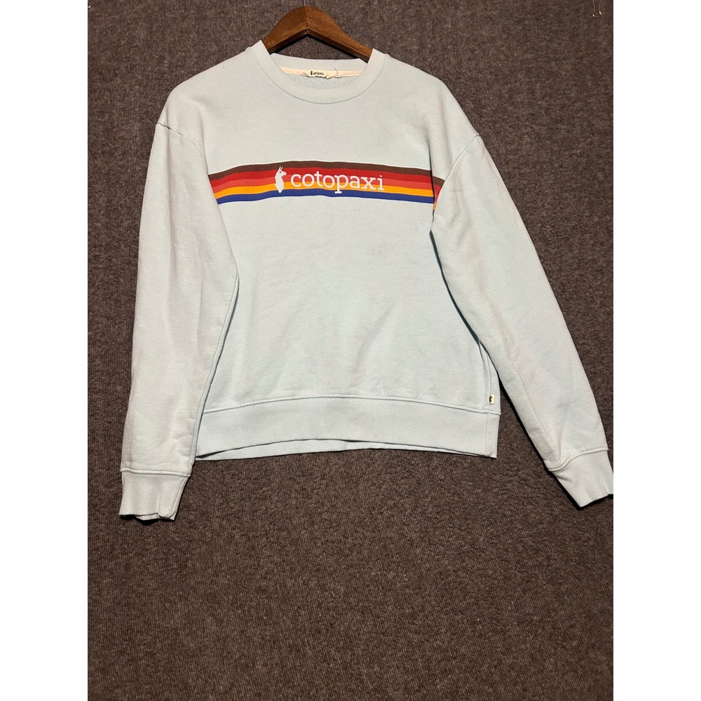 Cotopaxi Fleece Crewneck Graphic Logo Sweatshirt sky blue Granola Girl read
